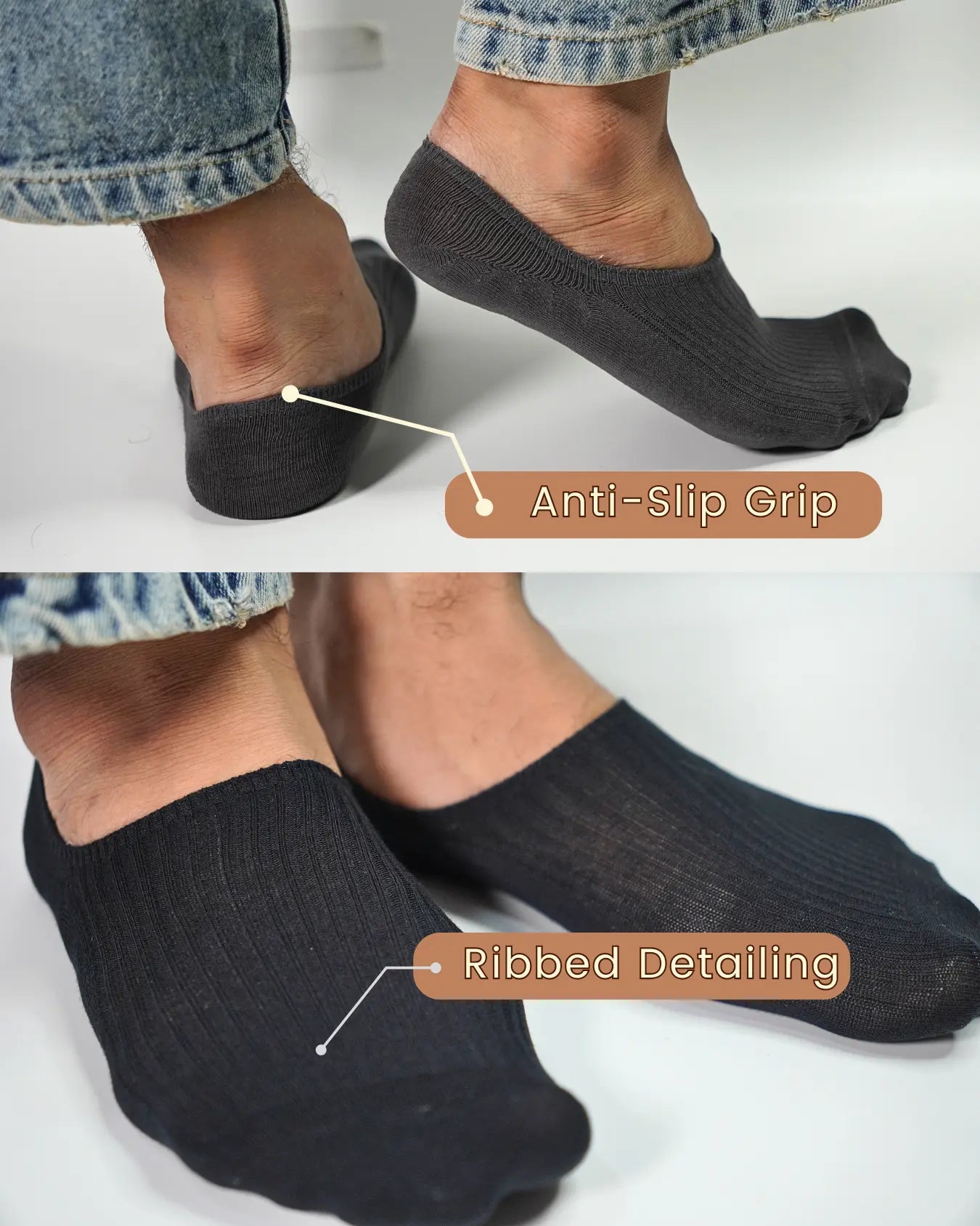 Ribbed Solid No-Show Socks (Grey, White, Black, Dark grey, Charcoal black) Mikado