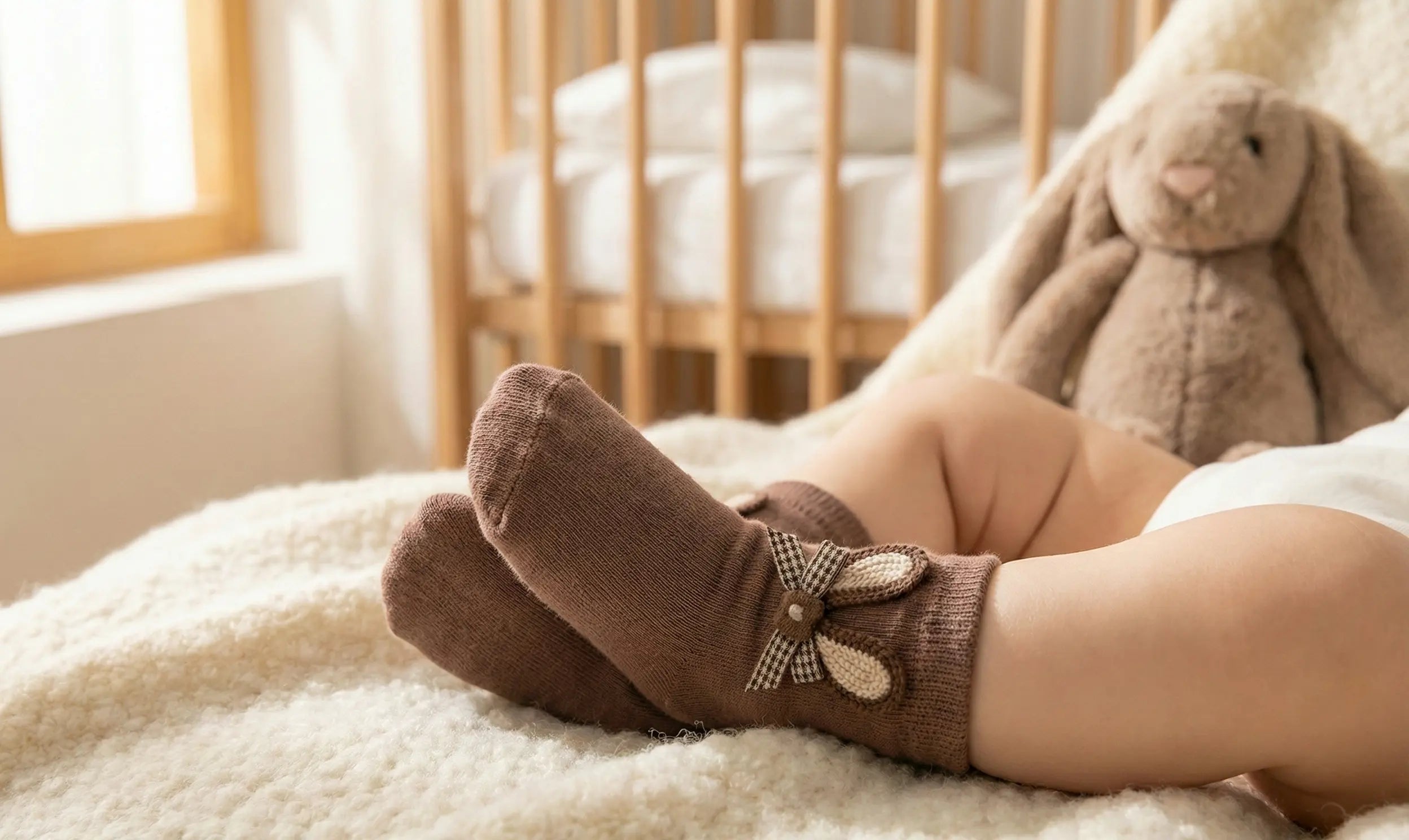 Baby's feet wearing brown socks with a bow, lying on a soft surface in a cozy room.