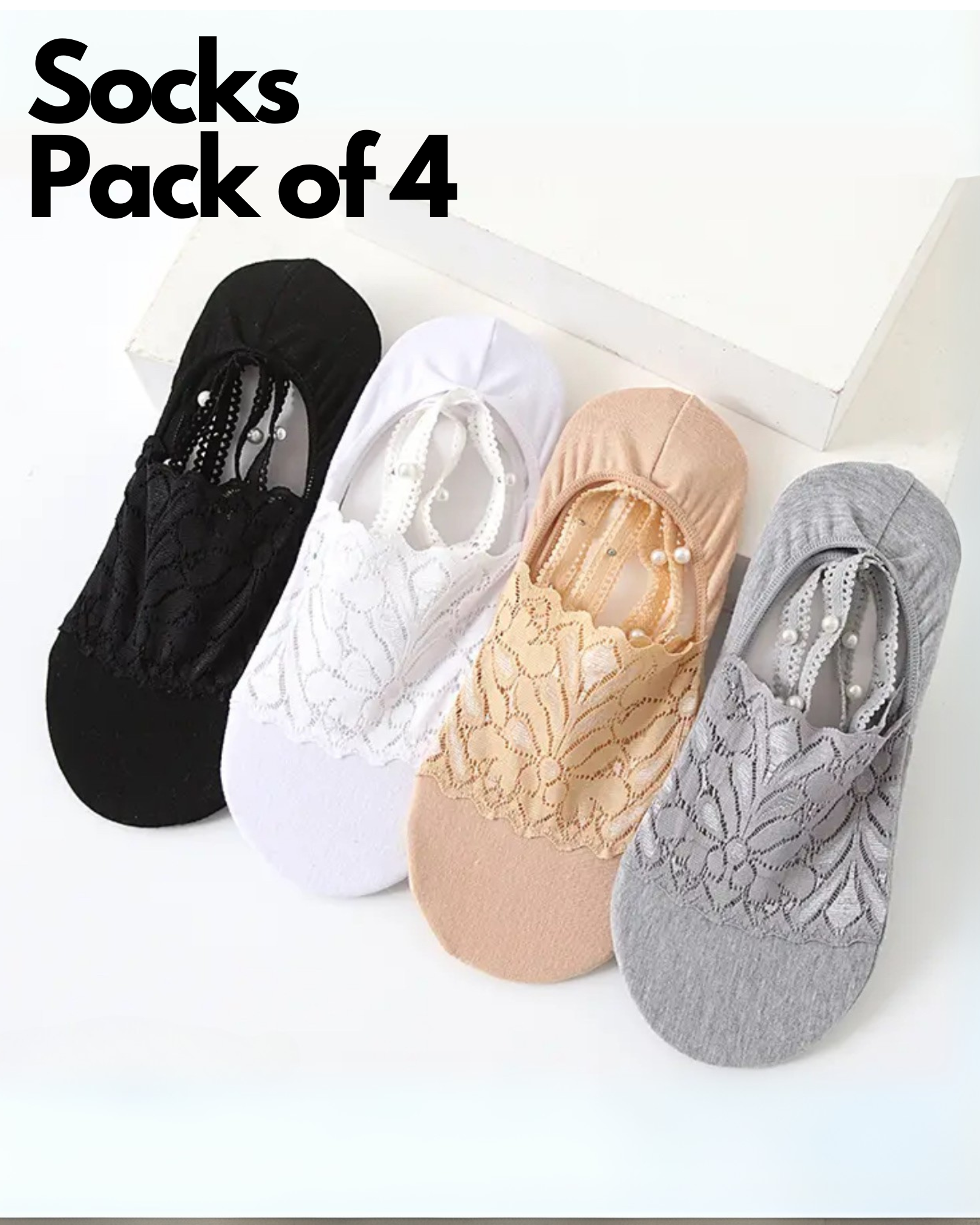 Lacey Designer socks for heels and bellies | 4 Colors | Pack of 4 pairs
