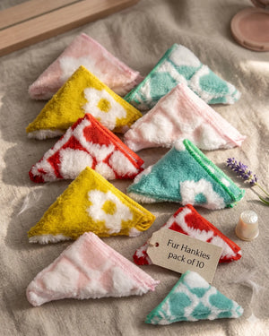 Set of triangular fur hankies in various colors on a textured surface with a 'Fur Hankies pack of 10' tag.