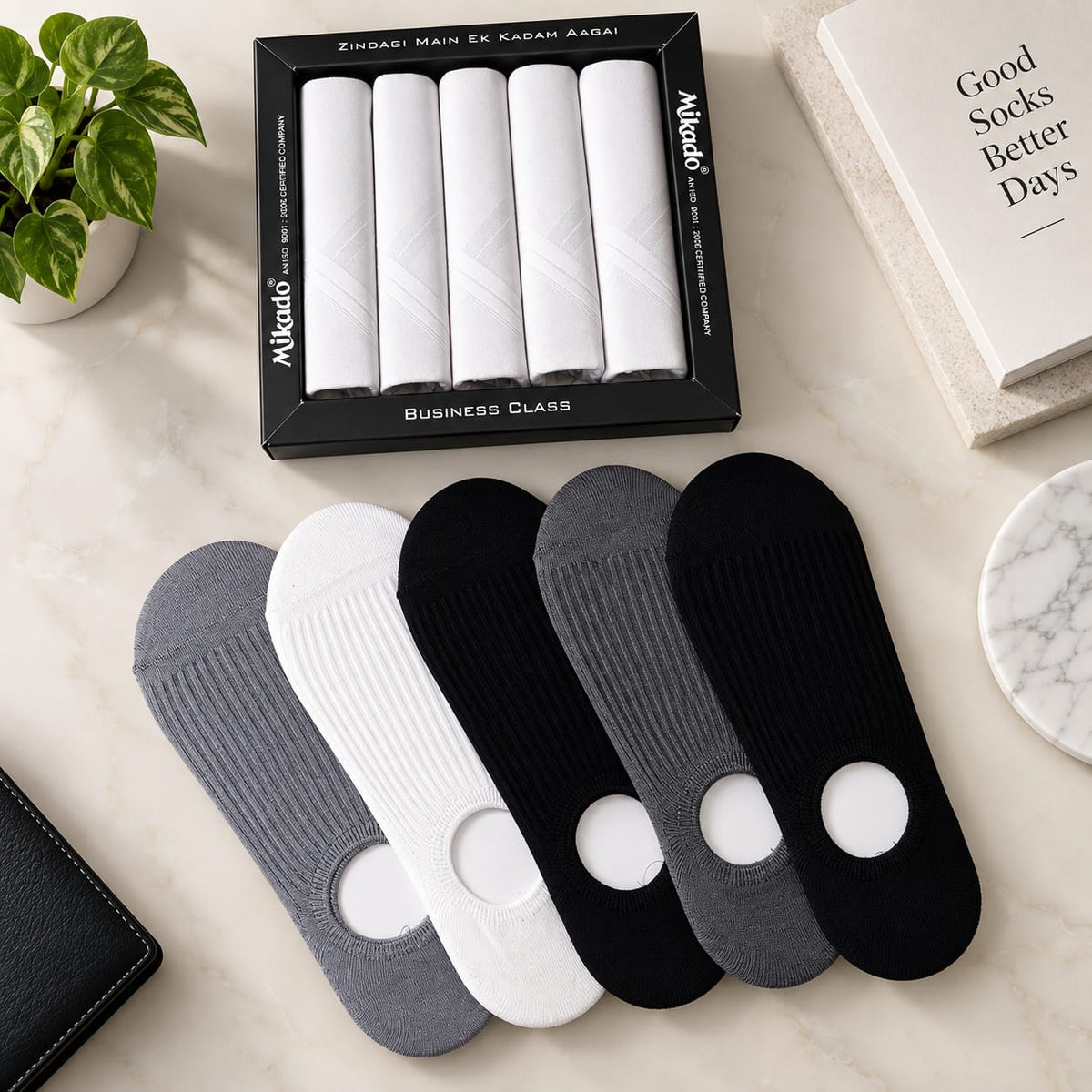 Mikado Men’s Executive Essentials Combo – 5-Pack Classic White Handkerchiefs & 5-Pack Ribbed No-Show Socks