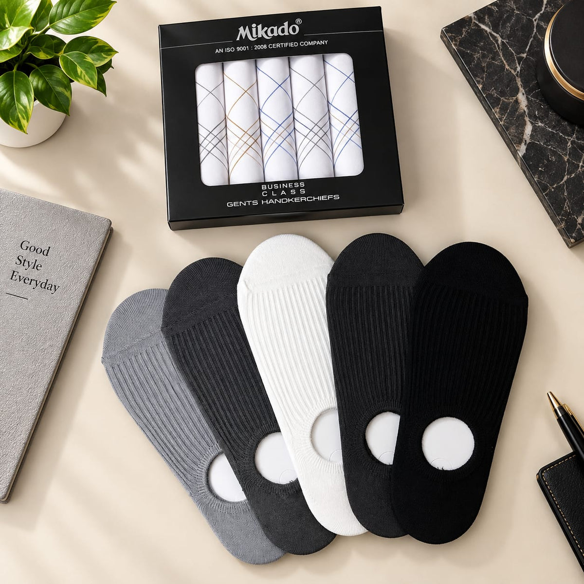 Mikado Men’s Business Class Combo – 5-Pack White Checkered Handkerchiefs & 5-Pack Ribbed No-Show Socks