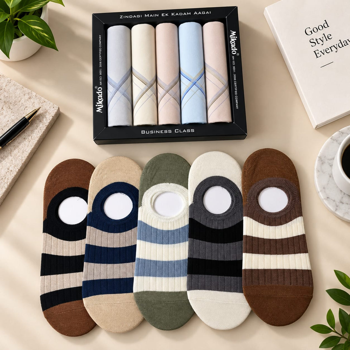 Mikado Men’s Smart-Casual Combo – 5-Pack Pastel Check Handkerchiefs & 5-Pack Bold Striped No-Show Socks