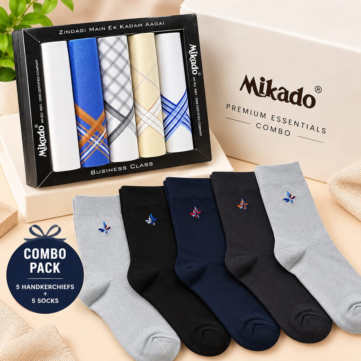 Mikado Men’s Premium Handkerchief & Socks Combo Pack | 5 Cotton Handkerchiefs + 5 Men’s Sock