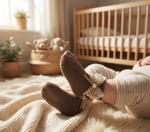 Child's feet in brown socks with a bow in a cozy nursery.