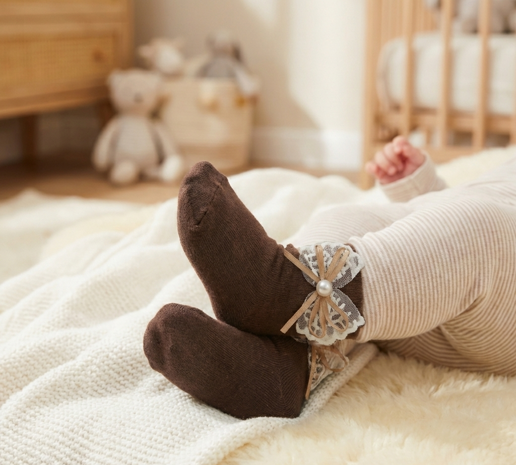 Baby's feet wearing brown socks with lace details on a soft surface in a cozy room.