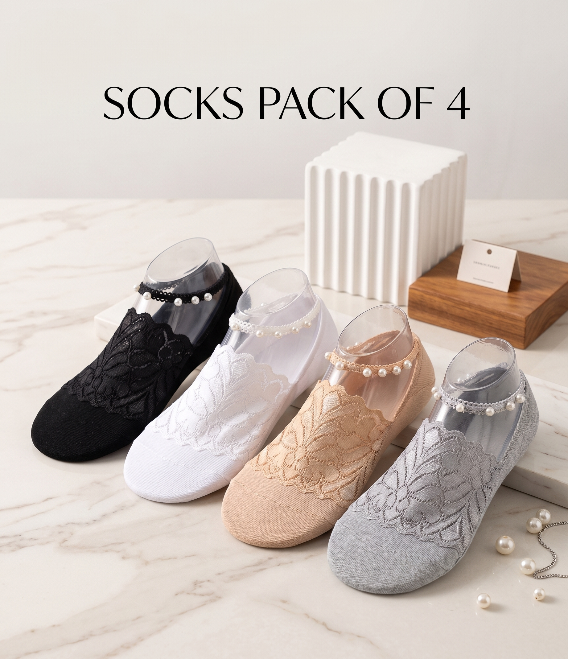 Lacey Designer socks for heels and bellies | 4 Colors | Pack of 4 pairs