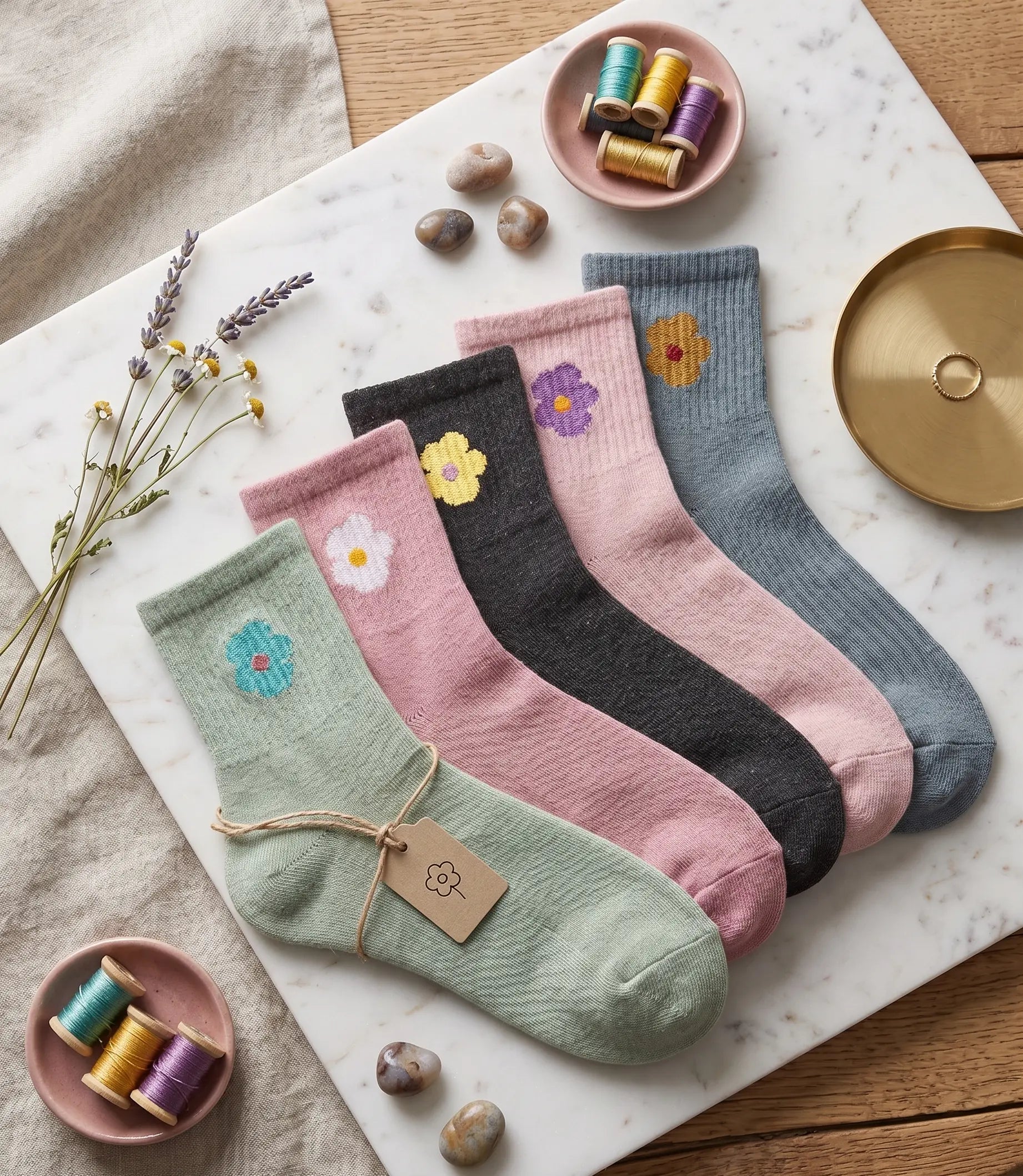 Single Flower Cotton Crew Socks Mikado