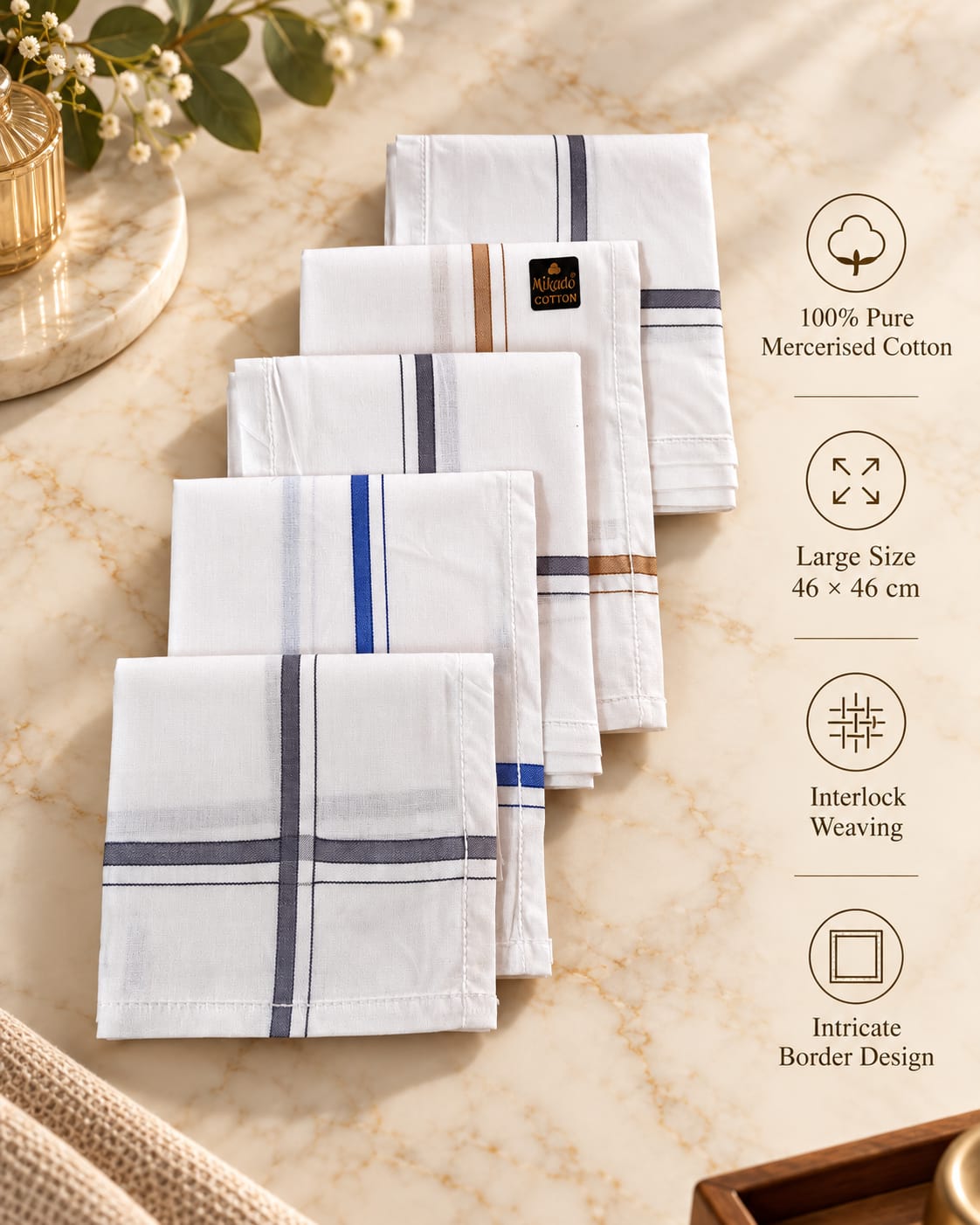 Classic border white cotton handkerchief men